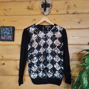Le Chois 💜 Black Silver Silk Wool Blend Sweater Diamonds‎ Top Vintage 80s Small